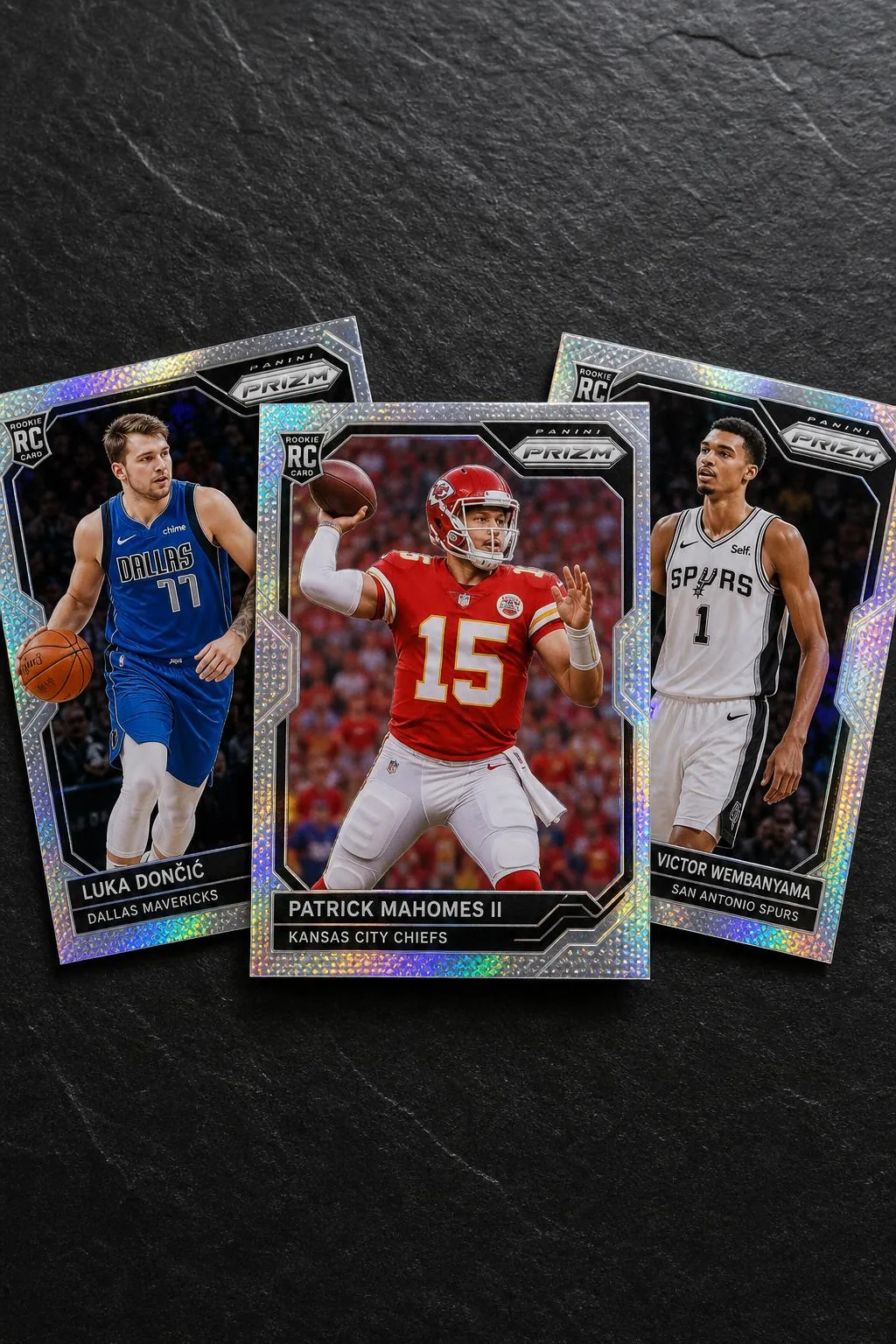Premium football, baseball, basketball, and hockey trading cards with holographic refractor finish